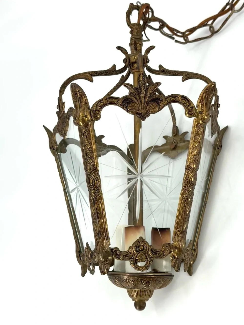 Antique French Rococo Style Brass Birdcage Lantern Pendant Light